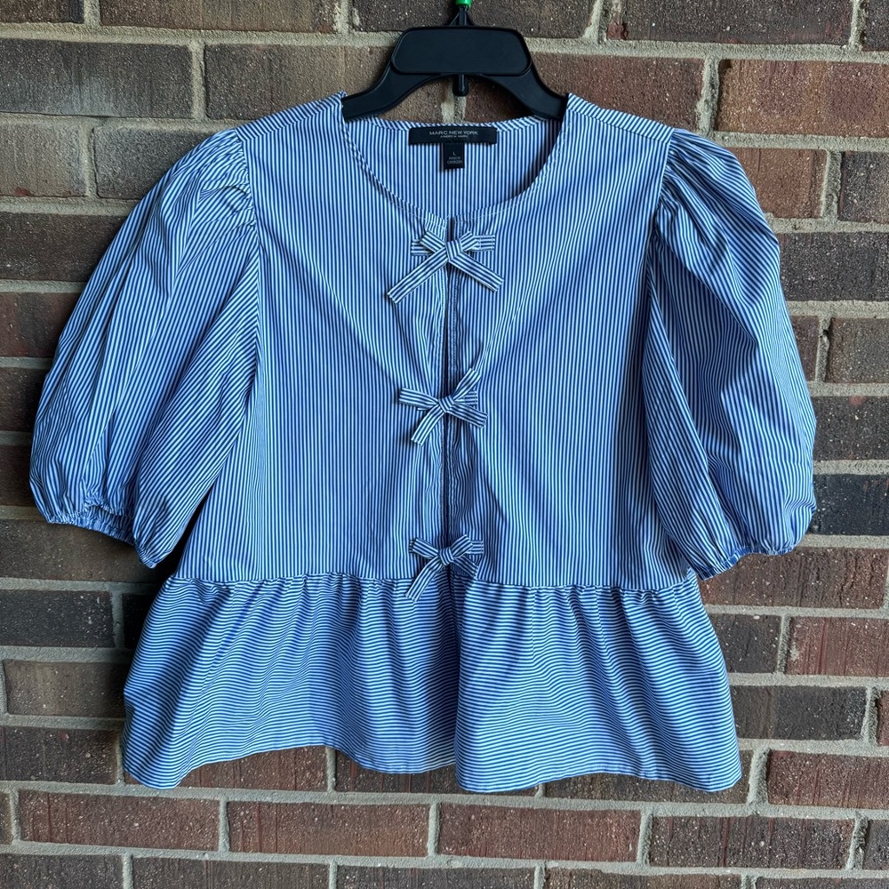 Blue Stripe Peplum Bow-Front Top